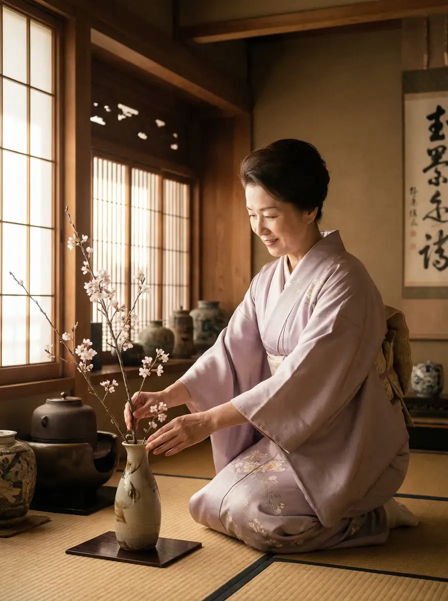 一位优雅的 人妻 在和室中插花